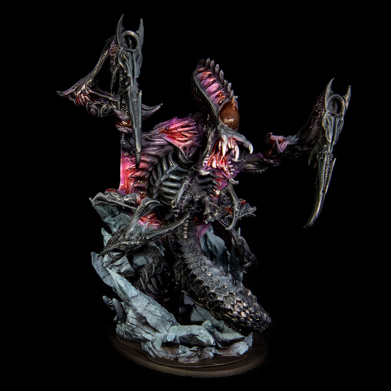 Detailed fantasy creature figurine with glowing elements on a black background